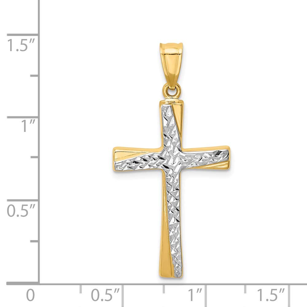 Solid 14k Yellow & White Two Tone Gold Diamond Cut Cross Crucifix Pendant (37mm x 18mm)