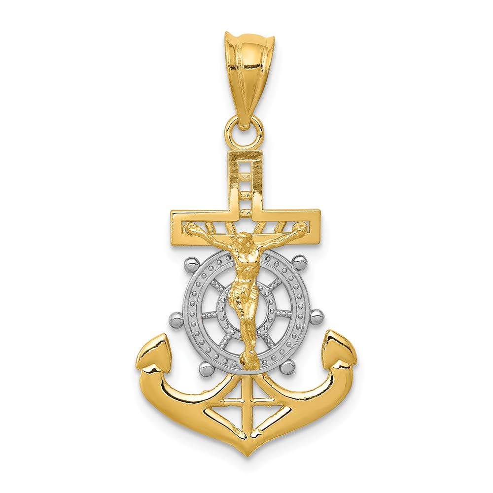 Solid 14k Yellow & White Two Tone Gold Diamond Cut Anchor Mariners Cross Crucifix Pendant (30mm x 17mm)