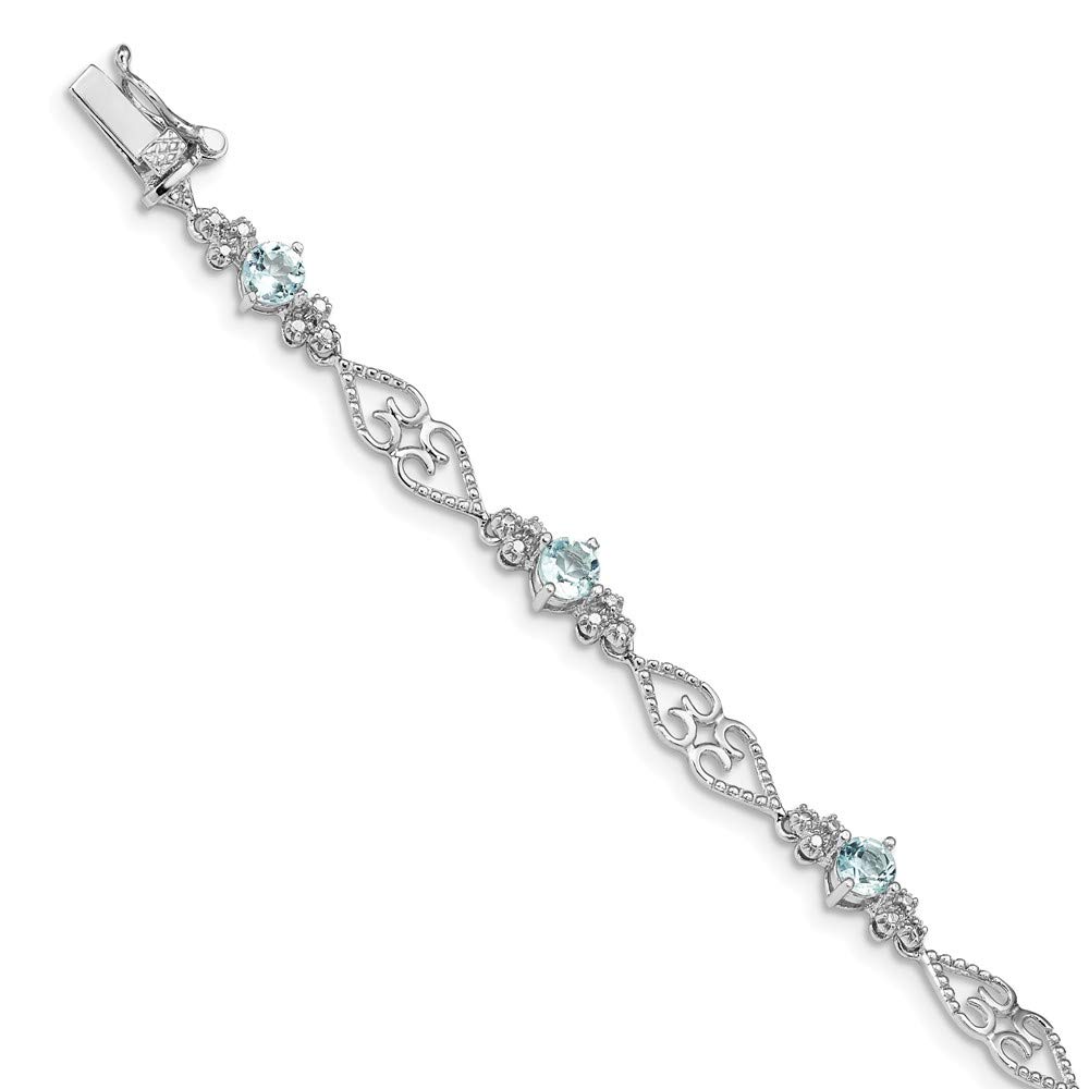 Solid 925 Sterling Silver Diamond Simulated Aquamarine Blue March Simulated Birthstone Tennis Bracelet 7.5" (.01 cttw.)