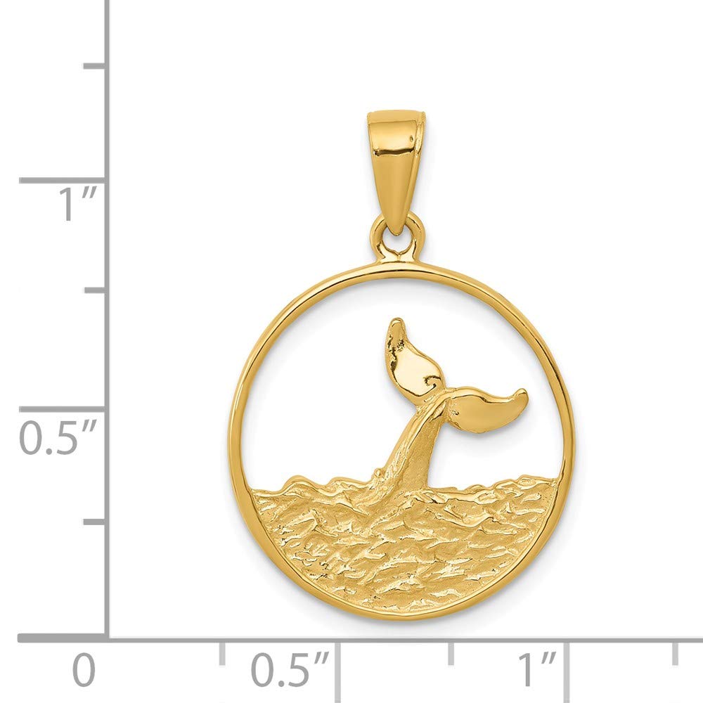 Solid 14k Yellow Gold Whale Tail in Circle with Waves Pendant (27mm x 18mm)