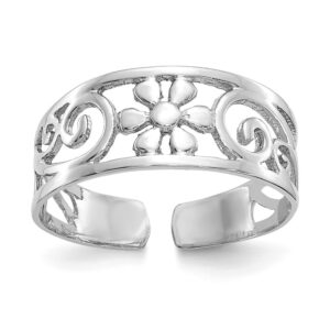 Solid 14k White Gold Floral Flower Adjustable One Size Fits All Toe Ring (3 to 6 mm)