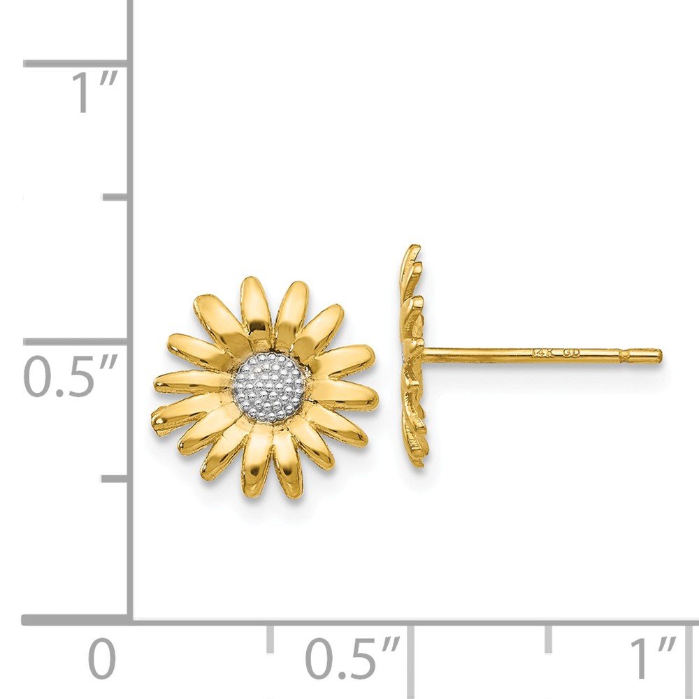 Solid 14k Yellow & White Two Tone Gold Mini Daisy Post Earrings (10mm x 10mm)