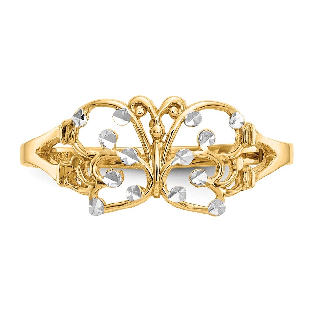 Size - 7.25 - Solid 14k Yellow & White Two Tone Gold Diamond Cut Butterfly Fashion Ring (1 to 9 mm)