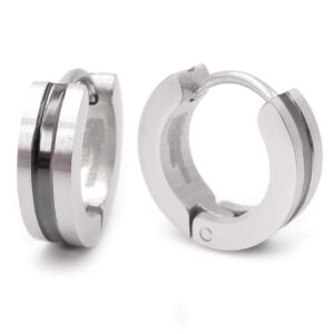 pair stainless steel silver color black stripe hoop earrings