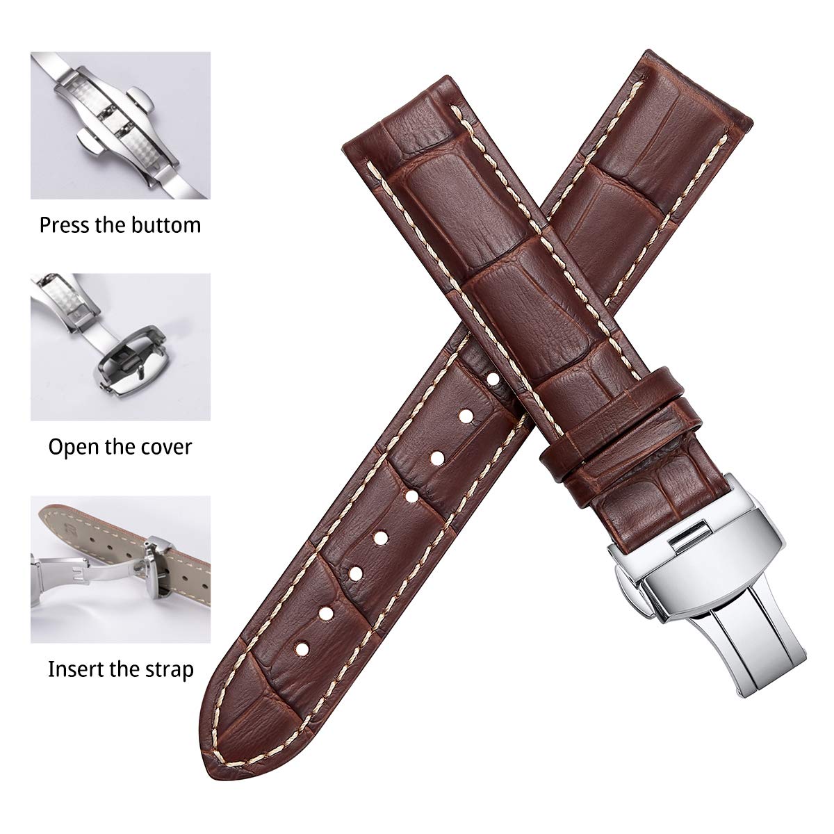 iStrap Leather Watch band -Alligator Grain Embossed Pattern Calfskin Replacement Strap-Stainless Steel Deployment Buckle with Push Buttons-Bracelet for Men Women-18mm 19mm 20mm 21mm 22mm 24mm