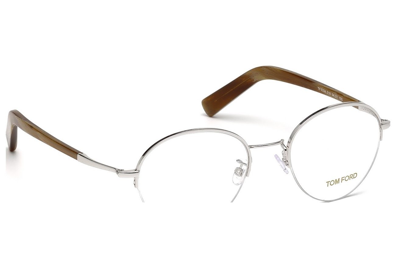 Tom Ford Round Eyeglasses TF5334 018 Size: 52mm Rhodium/Light Brown Horn FT5334