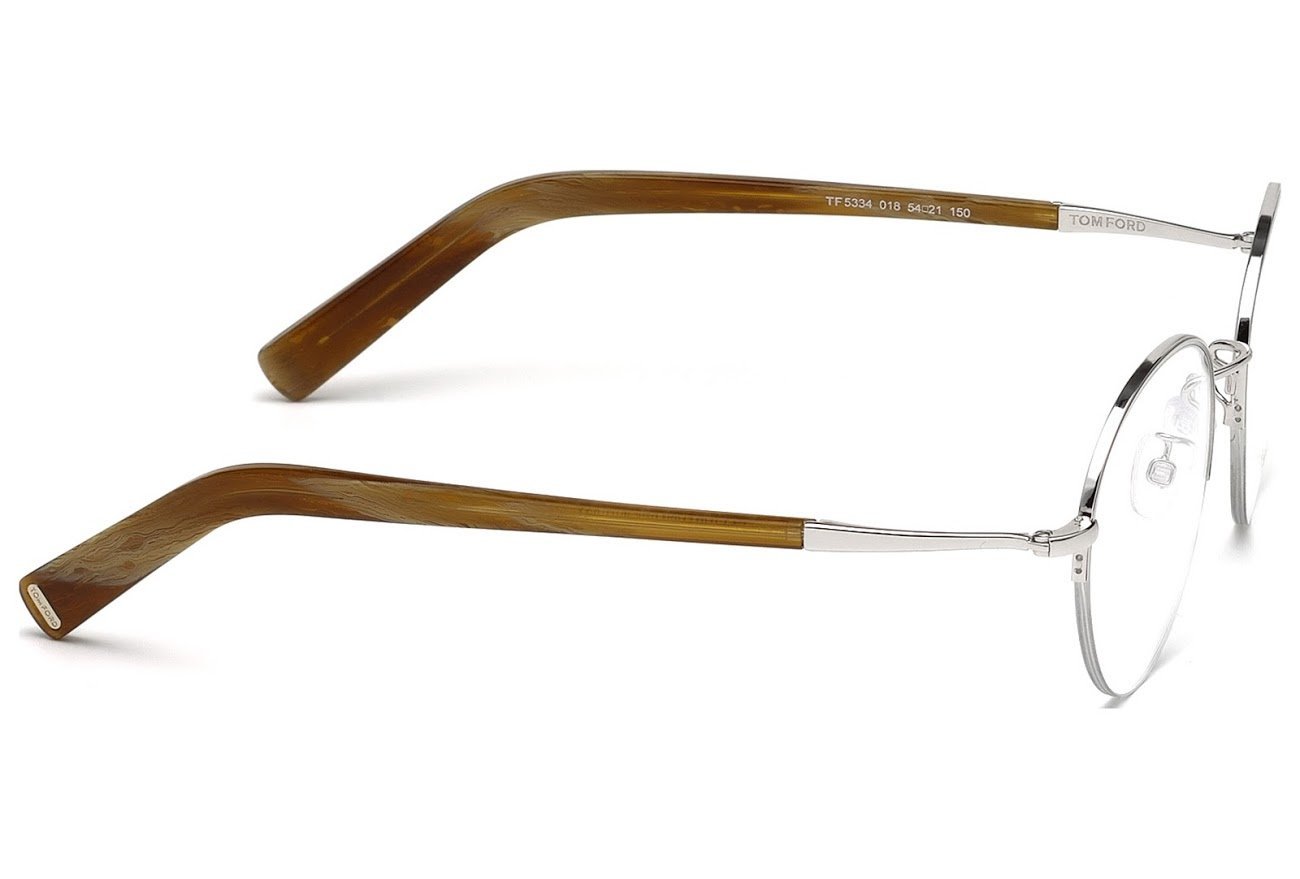 Tom Ford Round Eyeglasses TF5334 018 Size: 52mm Rhodium/Light Brown Horn FT5334