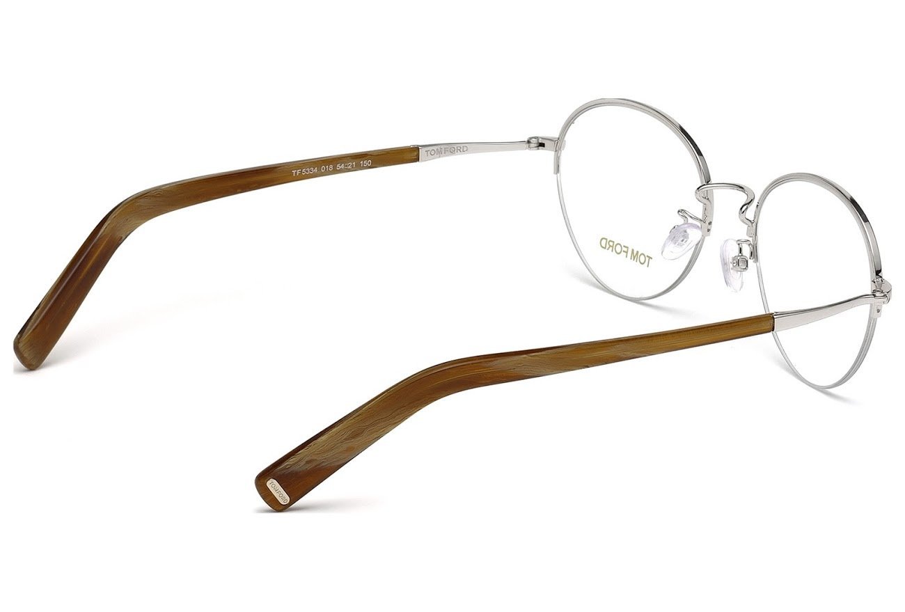 Tom Ford Round Eyeglasses TF5334 018 Size: 52mm Rhodium/Light Brown Horn FT5334