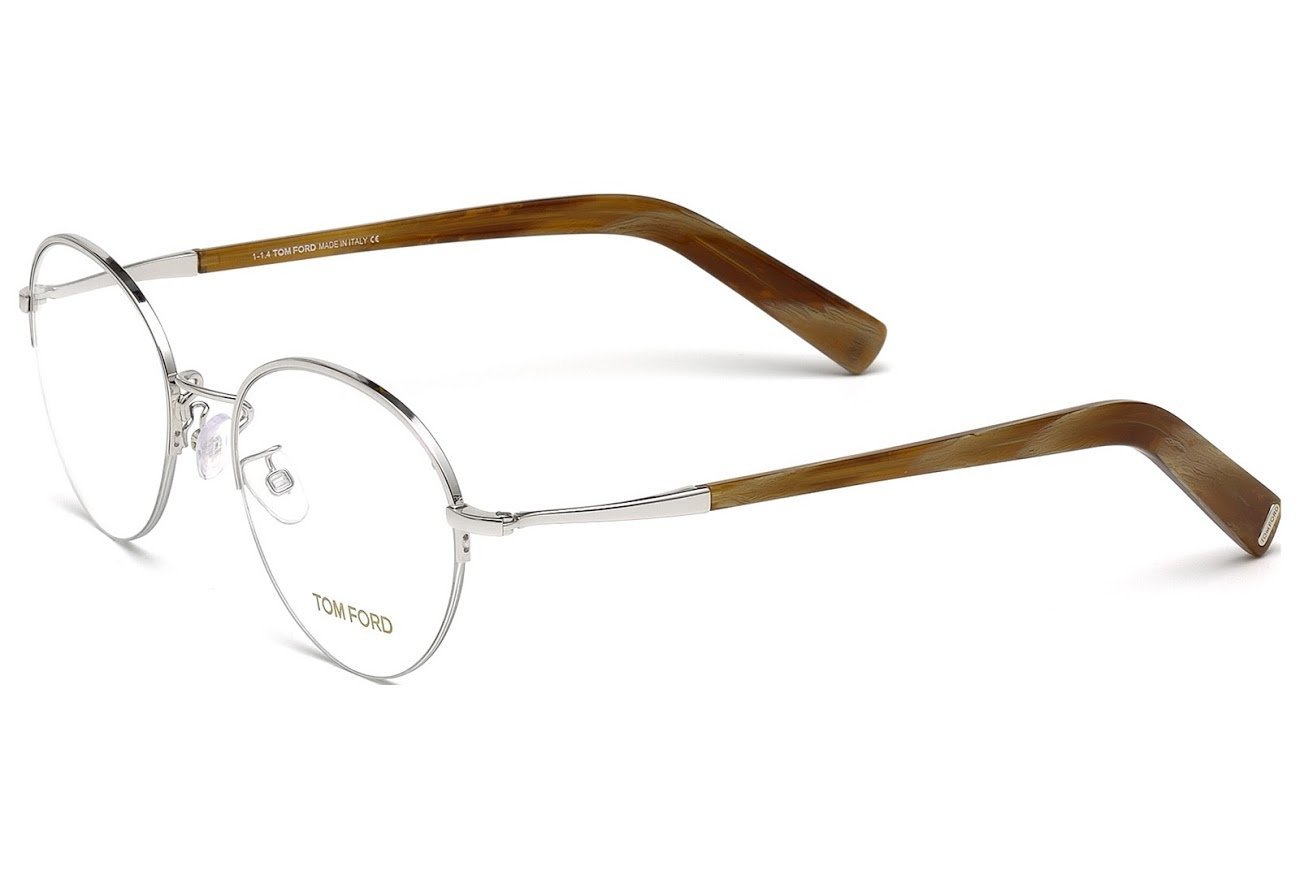 Tom Ford Round Eyeglasses TF5334 018 Size: 52mm Rhodium/Light Brown Horn FT5334