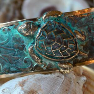 Elaine Coyne Collectible Artwear Classic Sea Turtle Cuff Bracelet - Verdigris Patina Brass