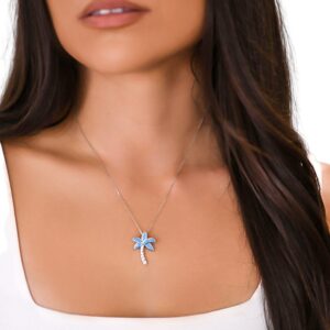 Beaux Bijoux Sterling Silver Simulated Opal Palm Tree Necklace for Women | CZ Diamond and Created Blue Opal Pendant Necklace with 18 inch Silver Chain