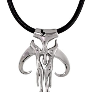 Star Wars Jewelry Unisex Mandalorian Symbol Stainless Steel Leather Cord Pendant Necklace, 24"