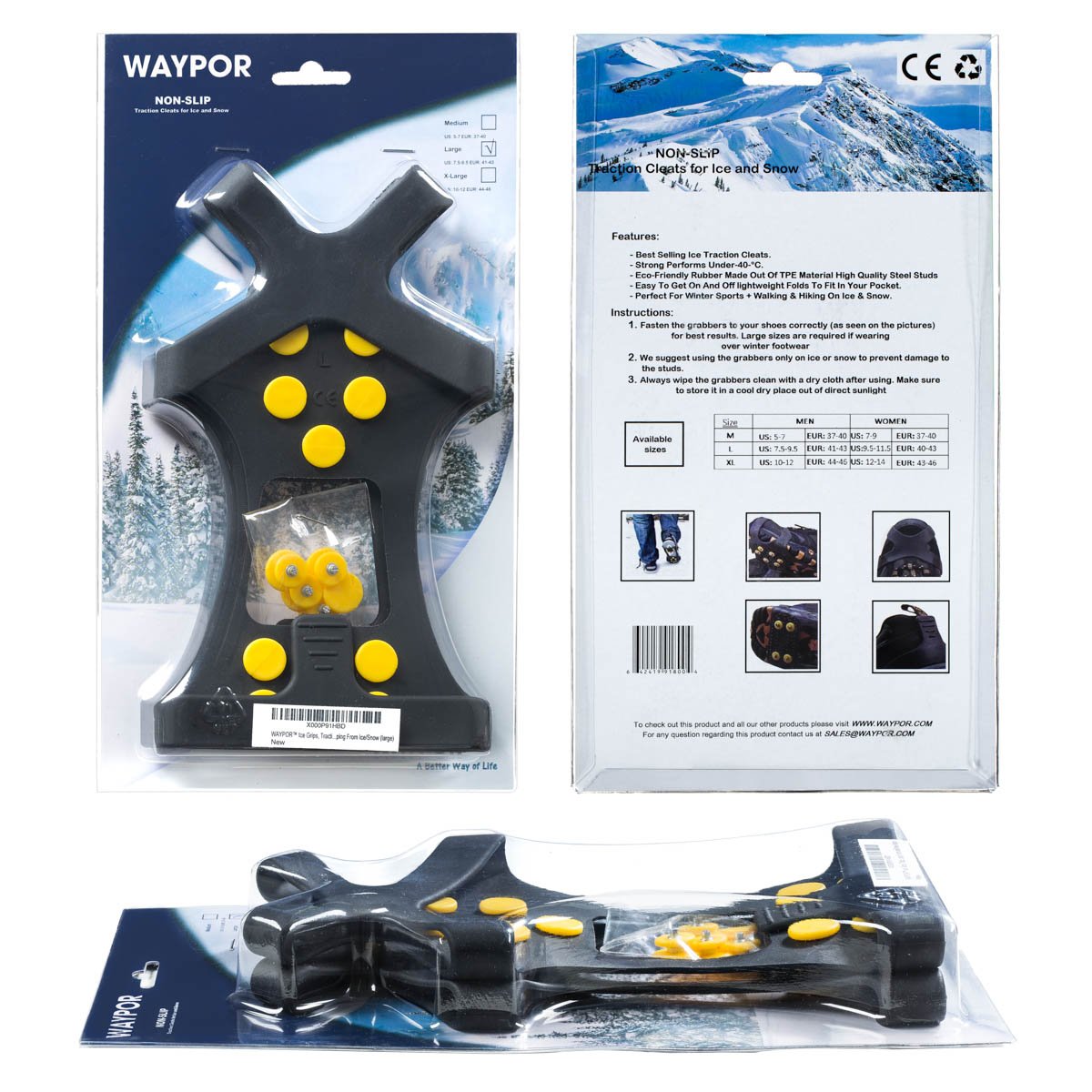 WAYPOR™ Ice Grips, Traction Cleats, Ice Cleat, Easy Slip On, Outdoor Durable, 10 Steel Studs, Stretchable, Prevent Slipping from Ice/Snow (Medium)