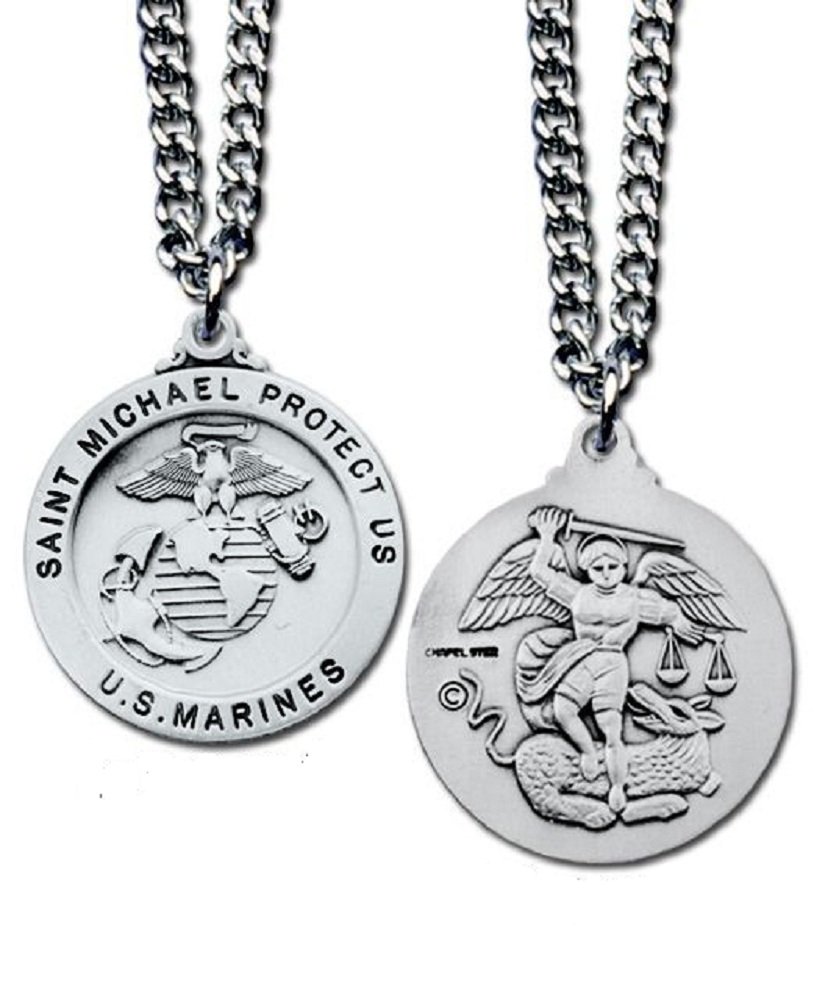 US Marines Military Silver Plated Necklace Saint Michael Protect Us in Gift Box