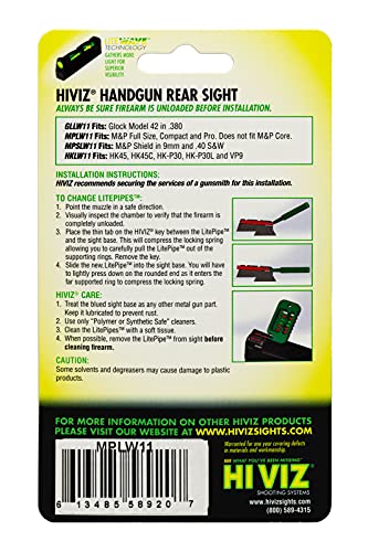 HIVIZ unisex adult HiViz MPLW11 Interchangeable LITEWAVE Rear Handgun Sight for Smith Wesson M P Full Size Compact E, Green, Red, and Black, One Size US