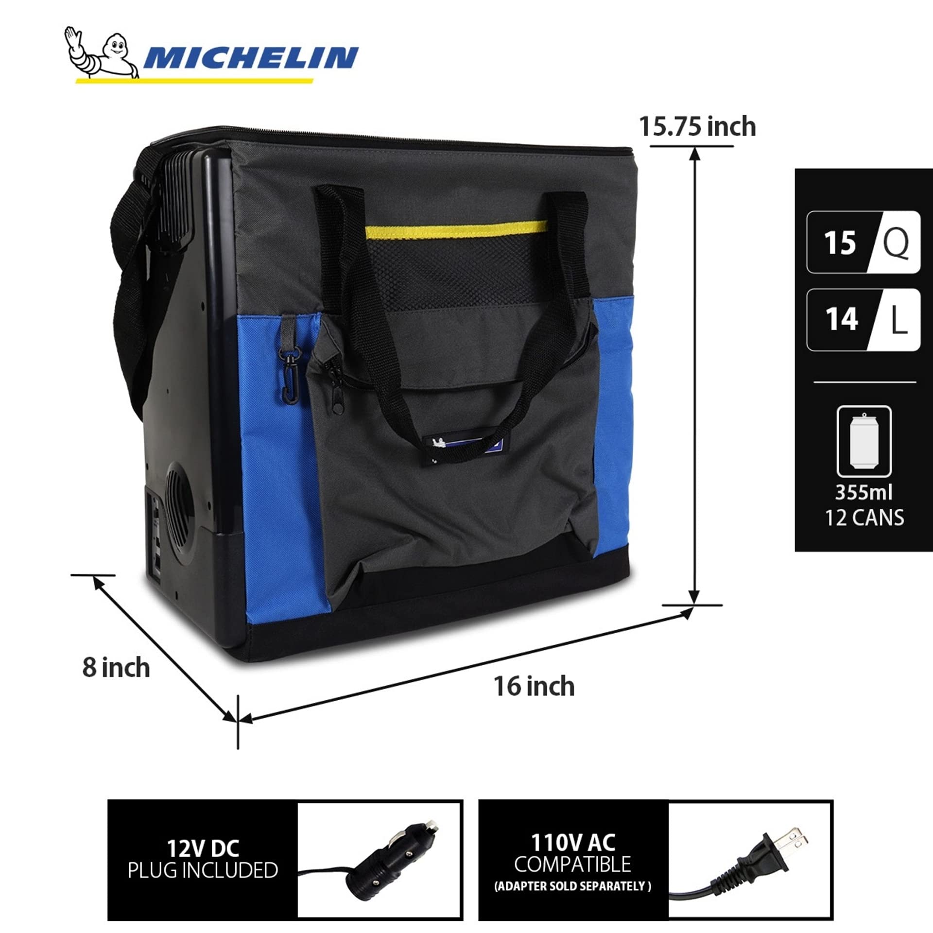 Michelin Electric Portable Cooler Plug in 12V Car Cooler/Warmer, 15 qt (14 L), Portable Car Fridge w/USB Charging Port,w/DC Power Cord, Shoulder Strap, Cord Storage, Travel Fishing Trucking Road Trip