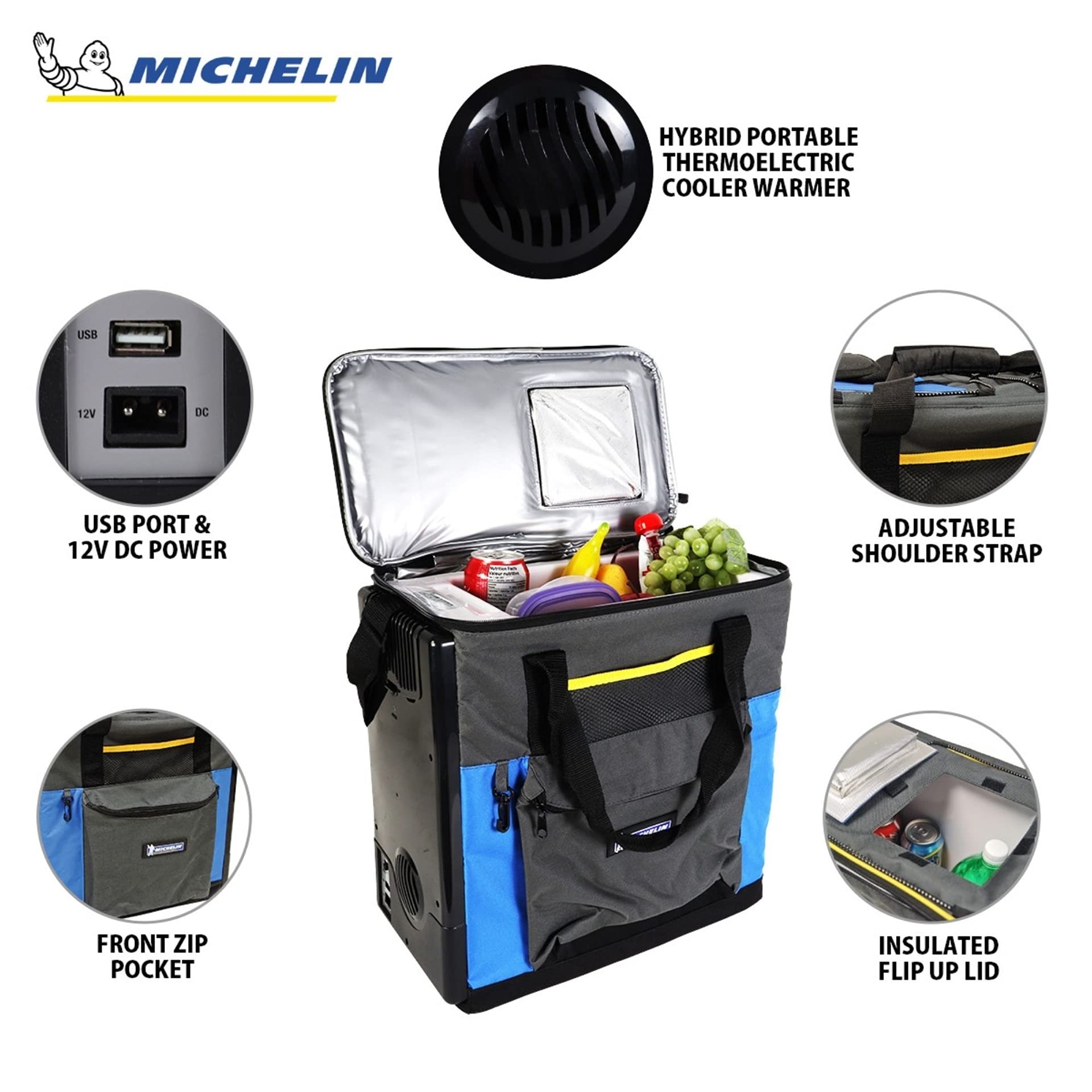 Michelin Electric Portable Cooler Plug in 12V Car Cooler/Warmer, 15 qt (14 L), Portable Car Fridge w/USB Charging Port,w/DC Power Cord, Shoulder Strap, Cord Storage, Travel Fishing Trucking Road Trip