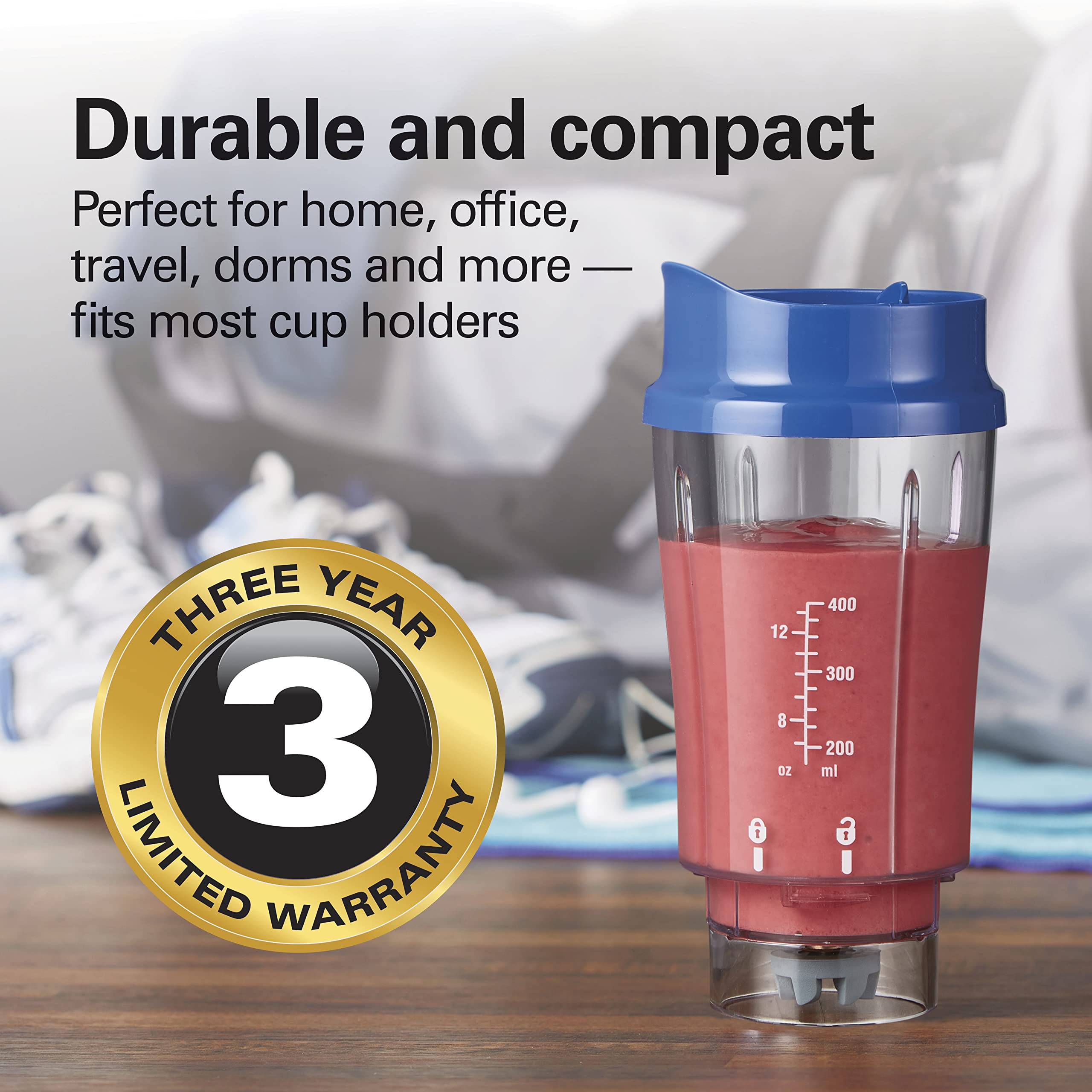 Hamilton Beach Portable Blender for Shakes and Smoothies with 14 Oz BPA Free Travel Cup and Lid, Durable Stainless Steel Blades for Powerful Blending Performance, Blue (51132)