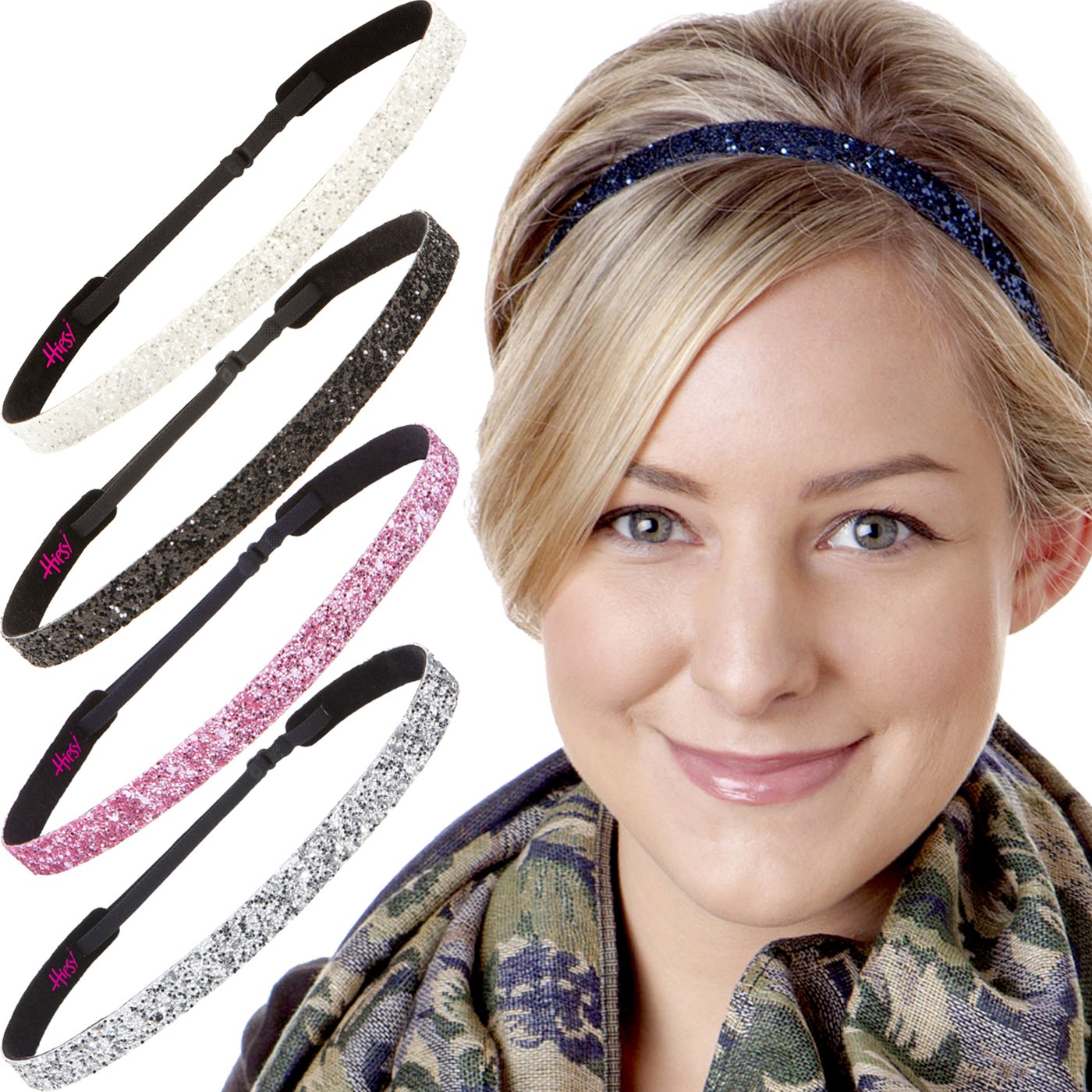 Hipsy 5pk Women's Adjustable NO SLIP Skinny Bling Glitter Headband Multi Gift Pack (Silver/Navy/L. Pink/Black/White)