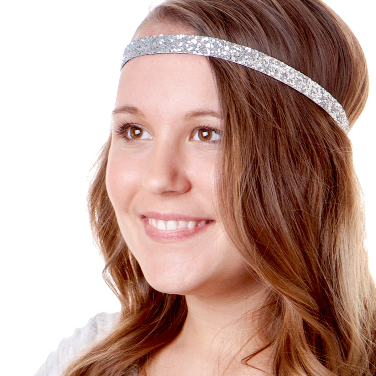 Hipsy 5pk Women's Adjustable NO SLIP Skinny Bling Glitter Headband Multi Gift Pack (Silver/Navy/L. Pink/Black/White)