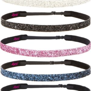 Hipsy 5pk Women's Adjustable NO SLIP Skinny Bling Glitter Headband Multi Gift Pack (Silver/Navy/L. Pink/Black/White)