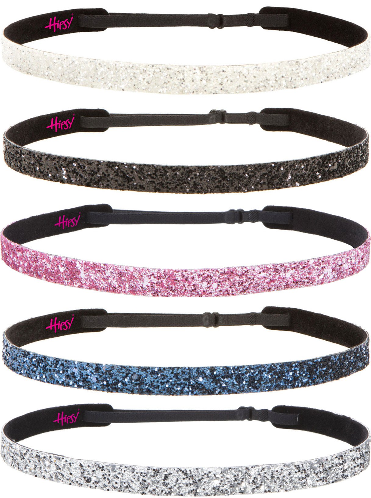 Hipsy 5pk Women's Adjustable NO SLIP Skinny Bling Glitter Headband Multi Gift Pack (Silver/Navy/L. Pink/Black/White)