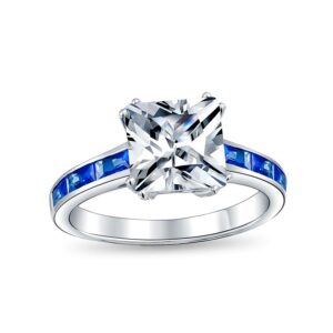 personalized classic art deco style 3ct aaa cz square princess cut engagement ring for women cubic zirconia simulated sapphire blue channel set baguette band .925 sterling silver customizable