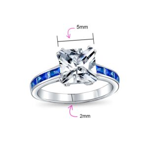 Personalized Classic Art Deco Style 3CT AAA CZ Square Princess Cut Engagement Ring For Women Cubic Zirconia Simulated Sapphire Blue Channel Set Baguette Band .925 Sterling Silver Customizable