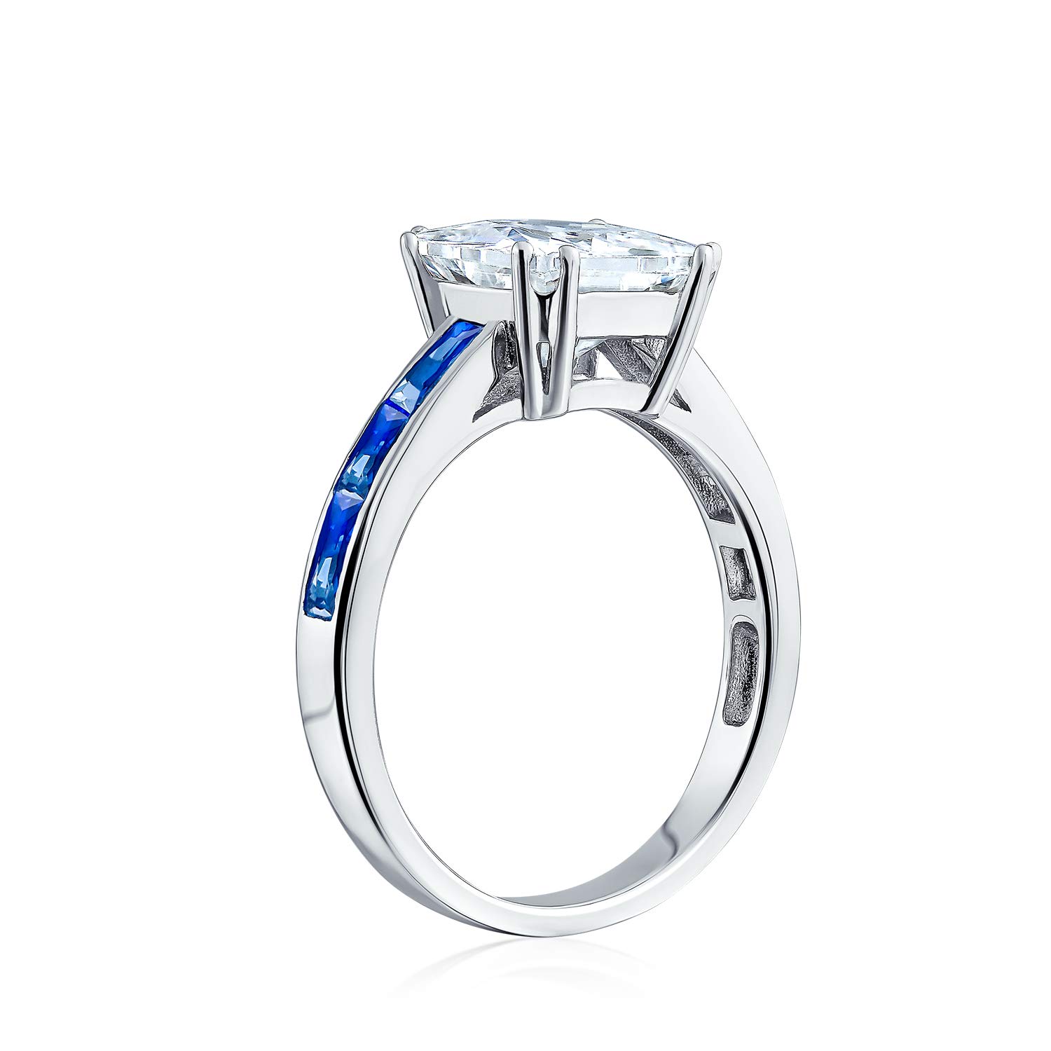 Personalized Classic Art Deco Style 3CT AAA CZ Square Princess Cut Engagement Ring For Women Cubic Zirconia Simulated Sapphire Blue Channel Set Baguette Band .925 Sterling Silver Customizable