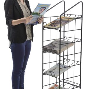 Displays2go Portable Newspaper and Magazine Rack, 4 Angled Shelves, Locking Caster Wheels (Black Steel)