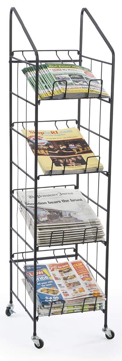 Displays2go Portable Newspaper and Magazine Rack, 4 Angled Shelves, Locking Caster Wheels (Black Steel)