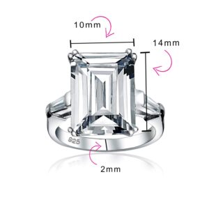 Bling Jewelry Art Deco Style Bridal Wedding Big 10CT AAA CZ Solitaire Emerald Cut Statement Engagement Ring For Women .925 Sterling Silver Cubic Zirconia Baguette Side Stones