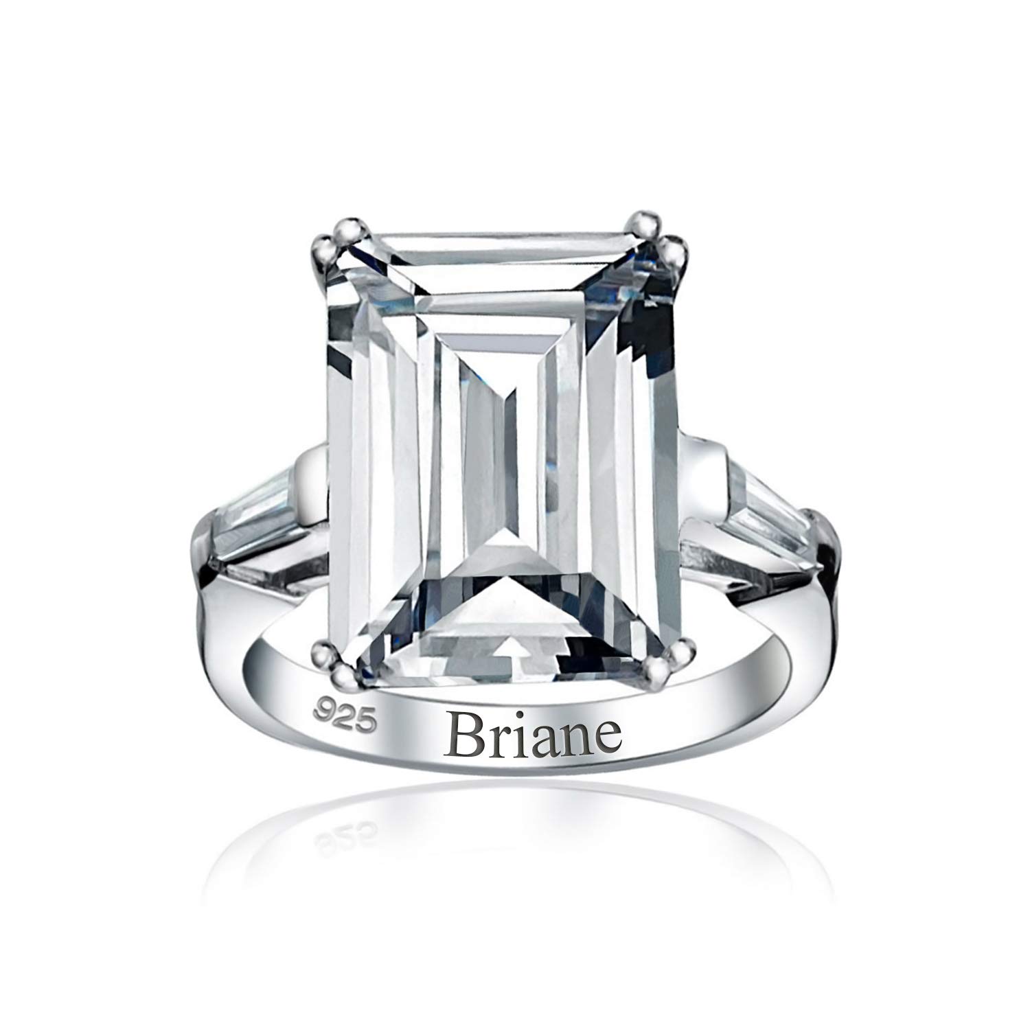 Bling Jewelry Art Deco Style Bridal Wedding Big 10CT AAA CZ Solitaire Emerald Cut Statement Engagement Ring For Women .925 Sterling Silver Cubic Zirconia Baguette Side Stones