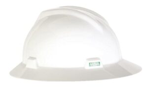 msa 10058321 v-gard full-brim hard hat with 1-touch suspension | polyethylene shell, superior impact protection, self adjusting crown straps - standard size in white