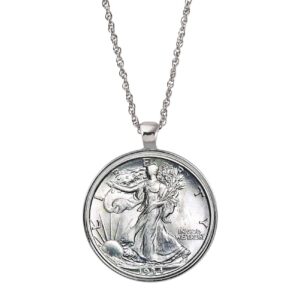 Silver Walking Liberty Half Dollar Coin Silvertone Pendant Necklace