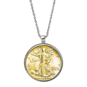 Gold Layered Silver Walking Liberty Half Dollar Coin Silvertone Pendant Necklace