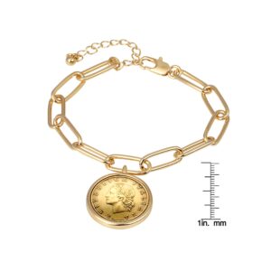 American Coin Treasures Italian 20 Lira Coin Elongated Link Bracelet, Goldtone Clip Style, 7 Inch 3 Inch Extender with Lobster Claw Clasp, Certificate of Authenticity