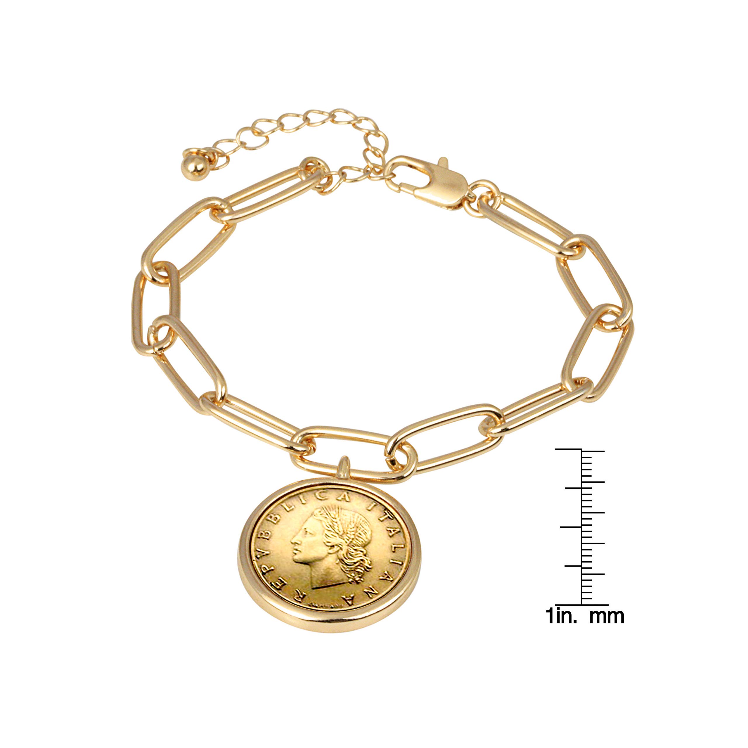 American Coin Treasures Italian 20 Lira Coin Elongated Link Bracelet, Goldtone Clip Style, 7 Inch 3 Inch Extender with Lobster Claw Clasp, Certificate of Authenticity