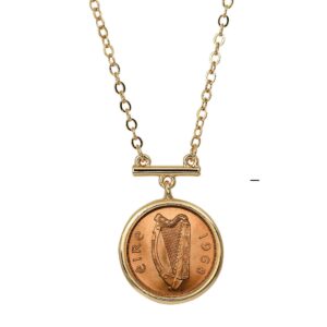 american coin treasures irish penny coin pendant bar necklace | goldtone flat cable | 18 inch 3 inch extender with lobster claw clasp | certificate of authenticity