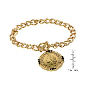 American Coin Treasures Italian 20 Lira Coin Toggle Charm Bracelet - Italian 20 Lire Goldtone Toggle Bracelet with Faceted Round Jet Glass Stones- Italian Medallion Bracelet