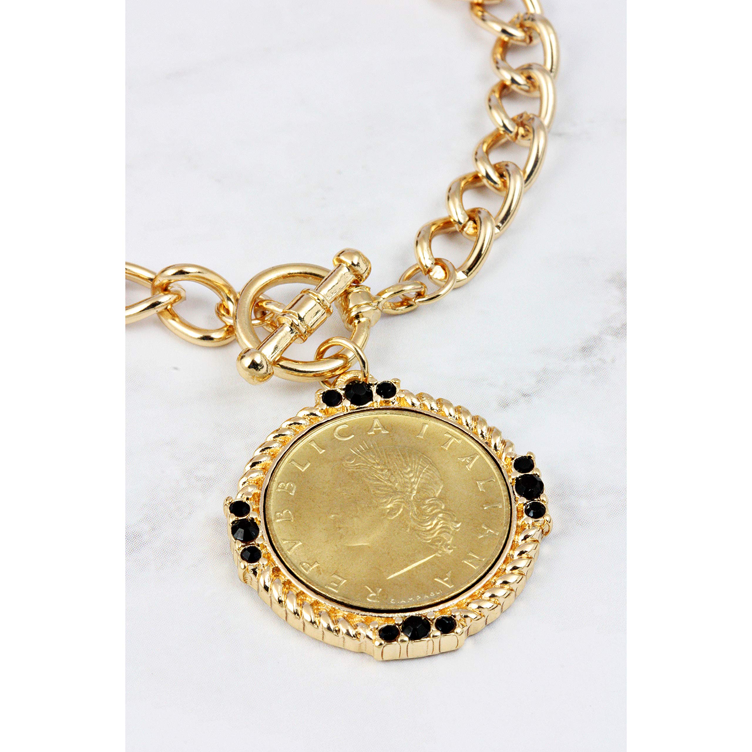 American Coin Treasures Italian 20 Lira Coin Toggle Charm Bracelet - Italian 20 Lire Goldtone Toggle Bracelet with Faceted Round Jet Glass Stones- Italian Medallion Bracelet