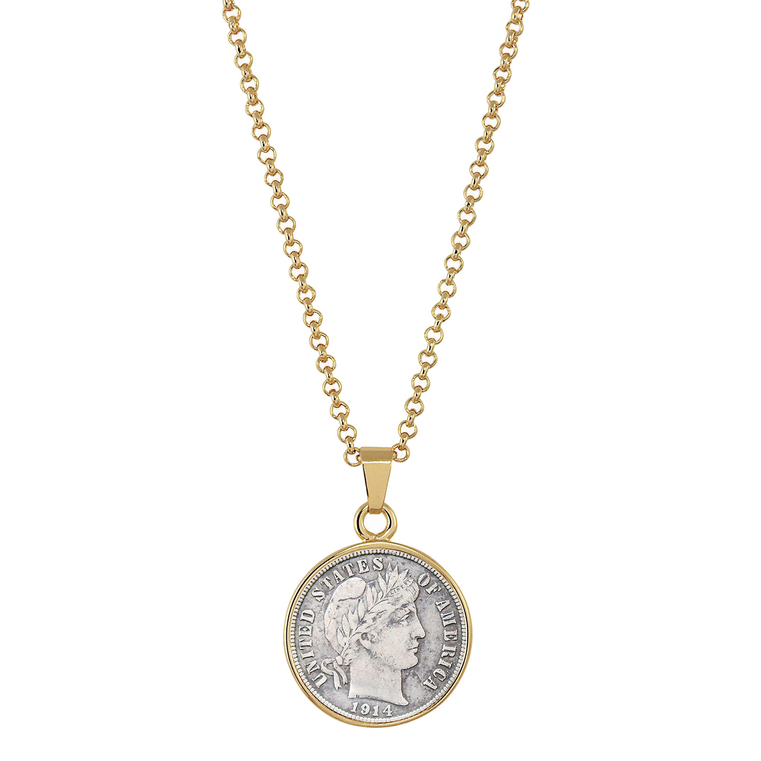 American Coin Treasures Silver Barber Dime Goldtone Coin Pendant with 18" Chain Necklace - Genuine and Elegant Keepsake Jewelry for Women | White Luxury Gift Box Included