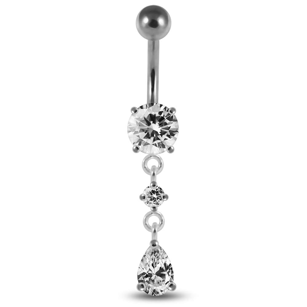 Clear Crystal Stone Round with Teardrop CZ Stone Dangling 925 Sterling Silver with Stainless Steel Belly Button Ring