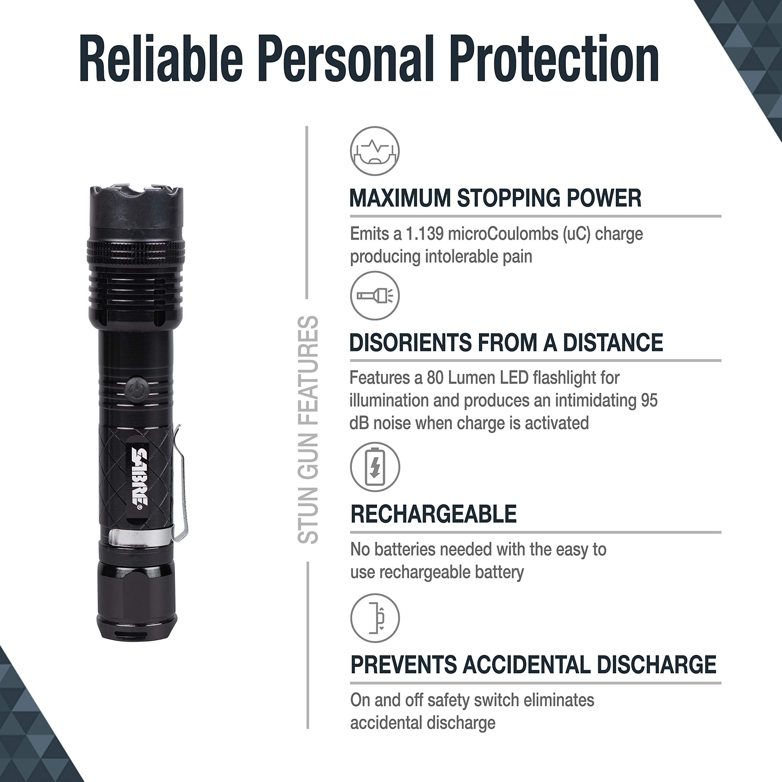 SABRE 2-in-1 Stun Gun with Flashlight and Belt Holster, Emits 1.60 Powerful Pain Inducing Microcoulombs (µC) Charge, 120 Lumen LED Flashlight, Rubberized Grip, Compact Design, Rechargeable