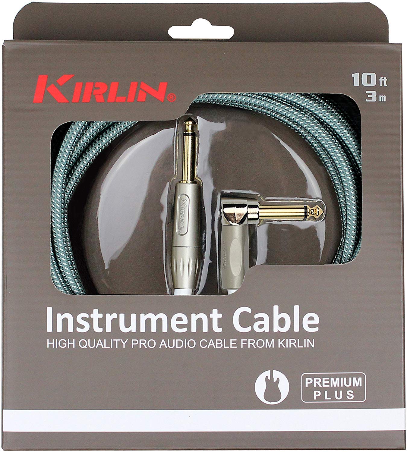 Kirlin Cable IWB-202PFGL-10/OL -10 feet- Straight to Right Angle 1/4-Inch Plug Premium Plus Instrument Cable, Olive Green Tweed Woven Jacket