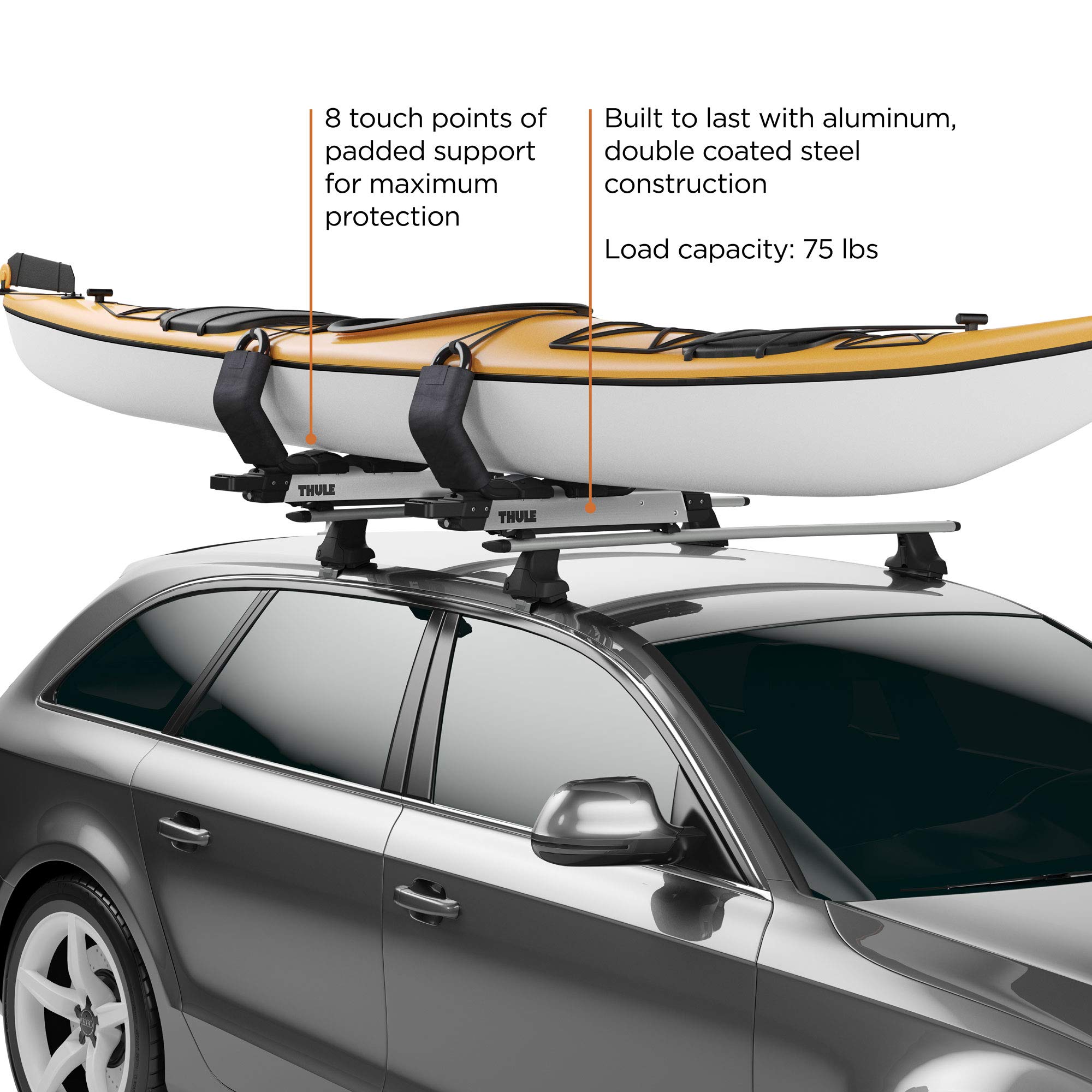 Thule Hullavator Pro Kayak Carrier - Carries 1 Kayak - Roof-Mounted - Lift-Assistance for easy loading and unloading - 75lb Load capacity - includes straps and tie downs