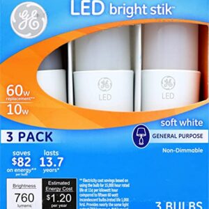 GE Lighting 79368 LED Bright Stik 10-watt (60-Watt Replacement), 760-Lumen Light Bulb Non-Dimmable with Medium Base, Soft White, 1 Box (3 Bulbs Total)