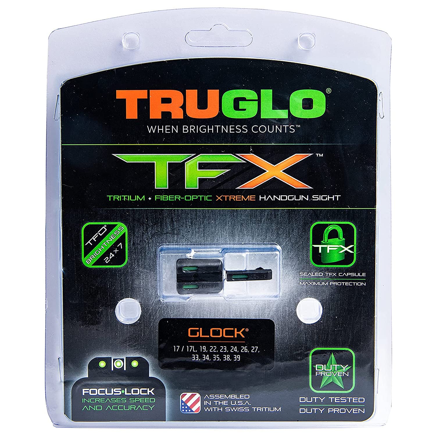 TruGlo TFK Fiber Optic and Tritium Handgun Laser Sight Accessories Set with Front Focus Lock for Glock 17/17L, 19, 22, 23, 24 Models and More