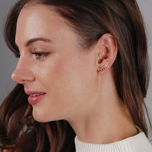 Humble Chic Ear Crawler Earrings for Women - Hypoallergenic Ear Climbers Earrings for Women - Statement Leaf Ear Jacket Earrings Studs - Gold Ear Cuff Bridal Earrings - Gold Earrings, 14K Gold Plated