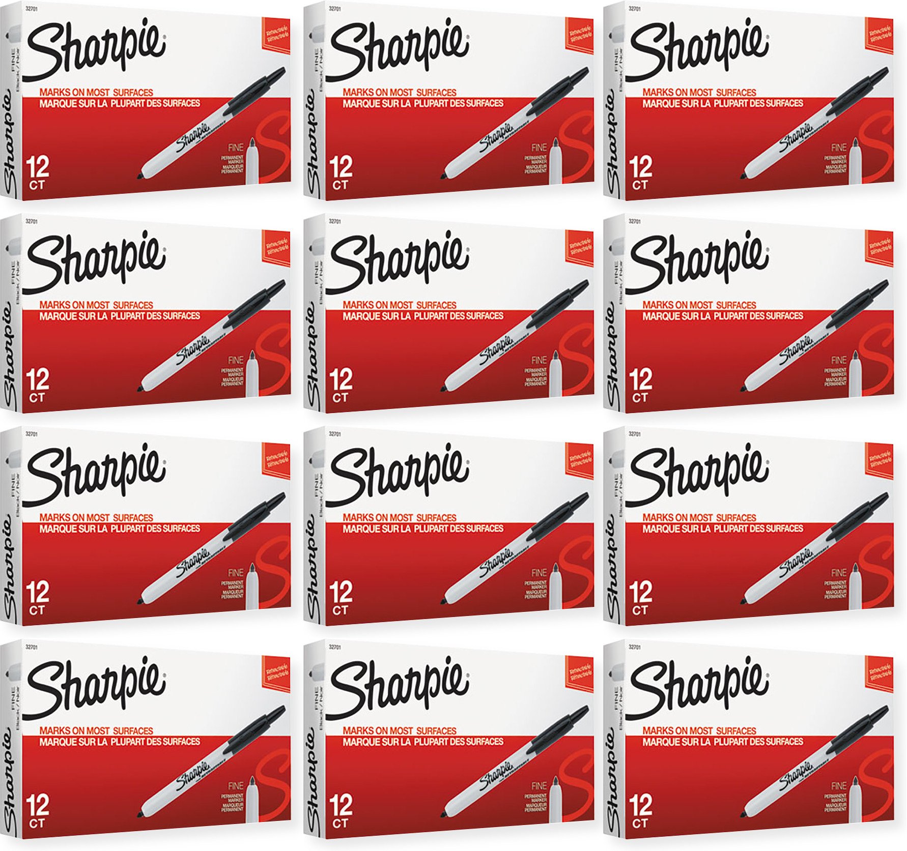 Sharpie 32701 Retractable Permanent Markers, Fine Point, Black, 144 Count (12 Boxes of 12 Markers each Box)